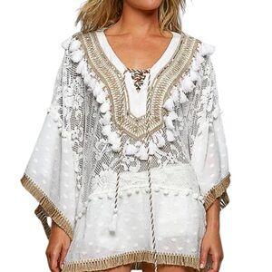 POL M Twine Fringe Pompom And Tassel Accented Lace Poncho Top